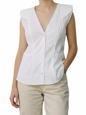Cotelac Cream Sleeveless V-Neck Button Front Pleat Detail Blouse 1(XS)
